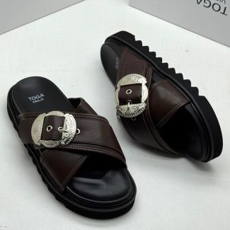 Toga Lightweight Leather Pam Slippers Brown