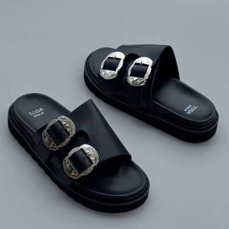 Toga Leather Pam Slippers Black "Double Buckle"