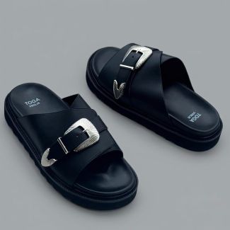 Toga Leather Pam Slippers Black "Single Buckle"