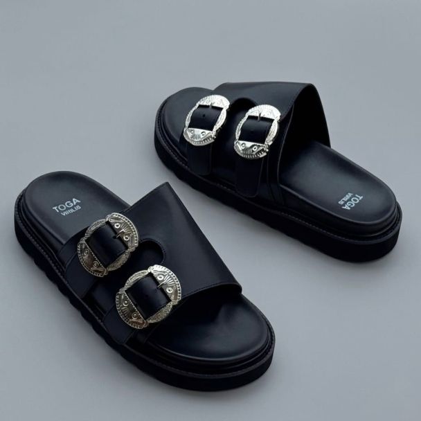 Toga Leather Pam Slippers Black "Double Buckle"